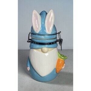 Boston Warehouse Easter Bunny Gnome Canister 8” Ceramic Hinged Lid Jar Blue